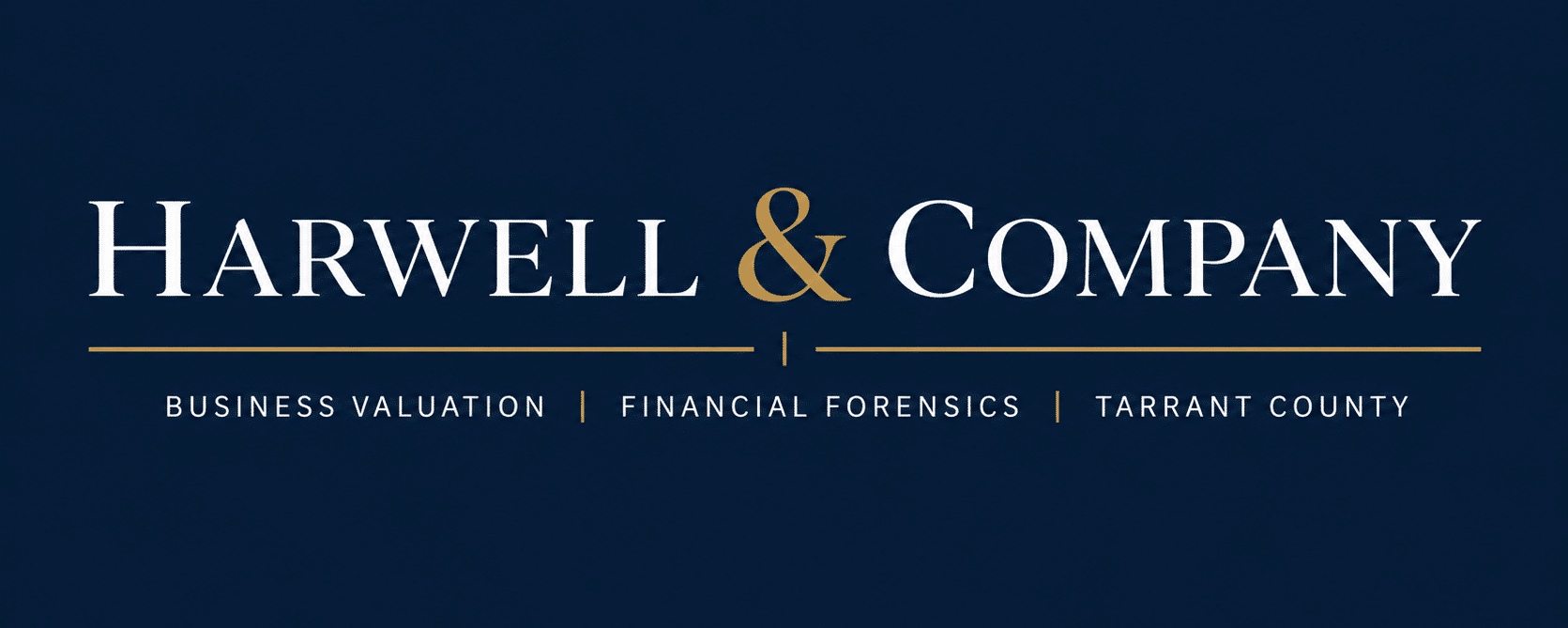 Harwell & Company professional law and finance wordmark logo with navy background, white lettering, and gold accent details