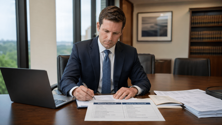 Business valuation analyst reviewing goodwill allocation in a Texas divorce case