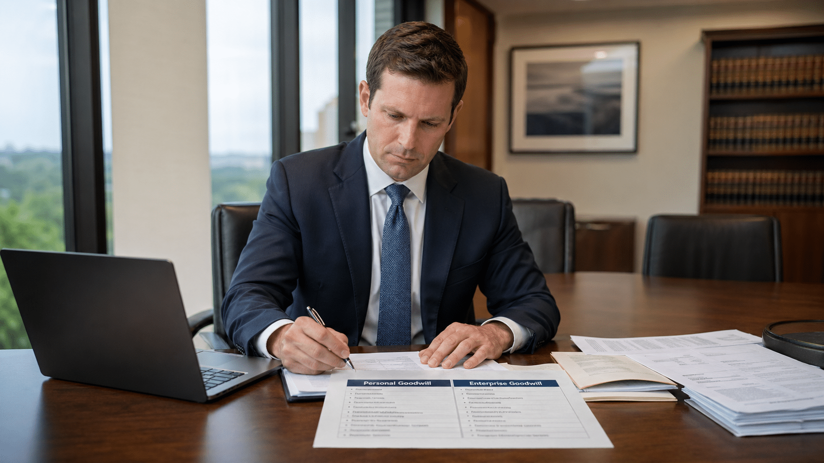 Business valuation analyst reviewing goodwill allocation in a Texas divorce case